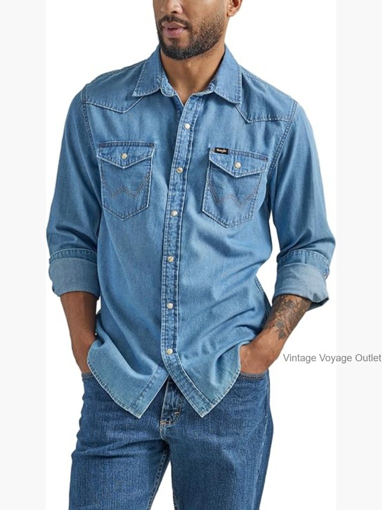Men's Regular Fit Denim Snap Button Shirt Long Sleeve Cotton Western